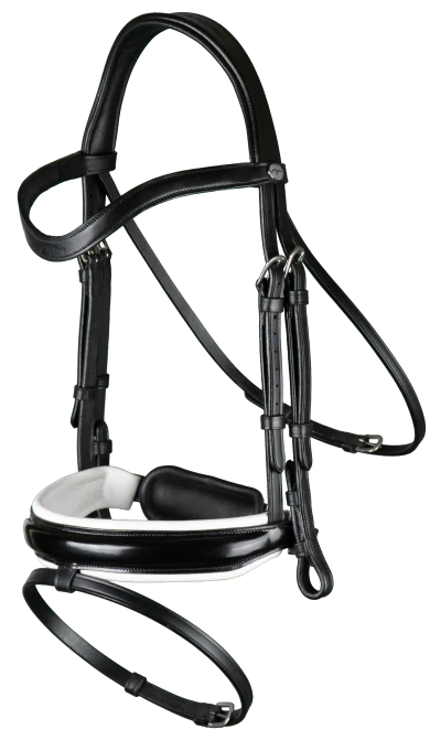 Working Patent Large Crank Noseband Bridle with White Padding and Flash - Black Full