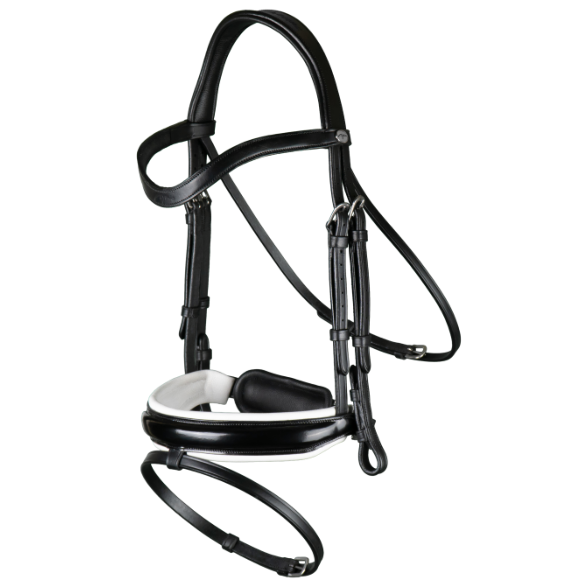 Working Patent Large Crank Noseband Bridle with White Padding and Flash - Black Full