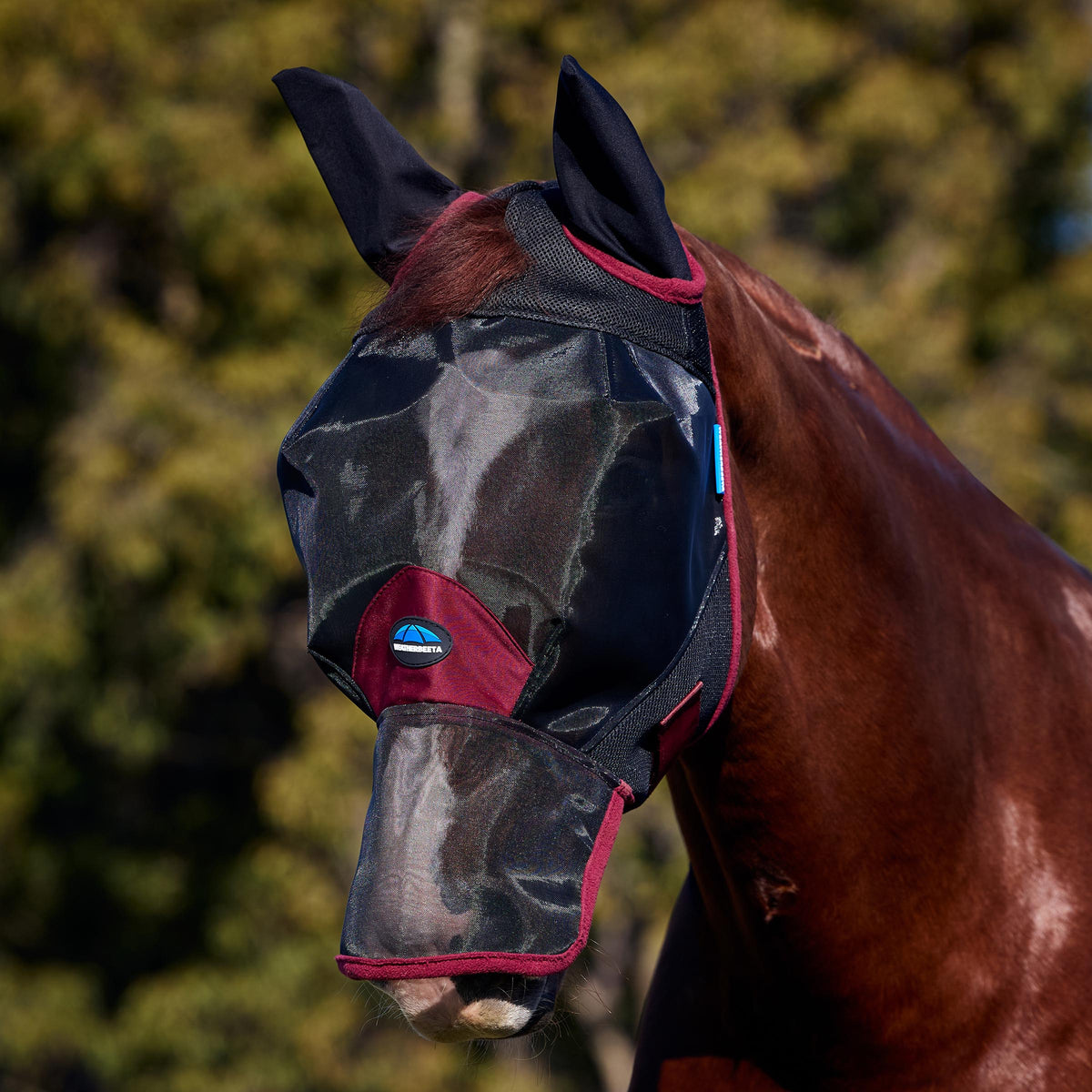 ComFiTec Fine Mesh Fly Mask with Ears & Nose - Black/Burgundy