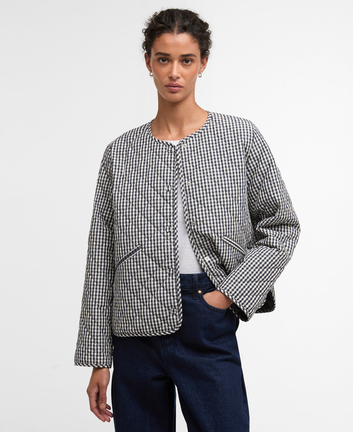 Cashel Check Collarless Quilted Jacket - Navy Gingham/Dark Navy