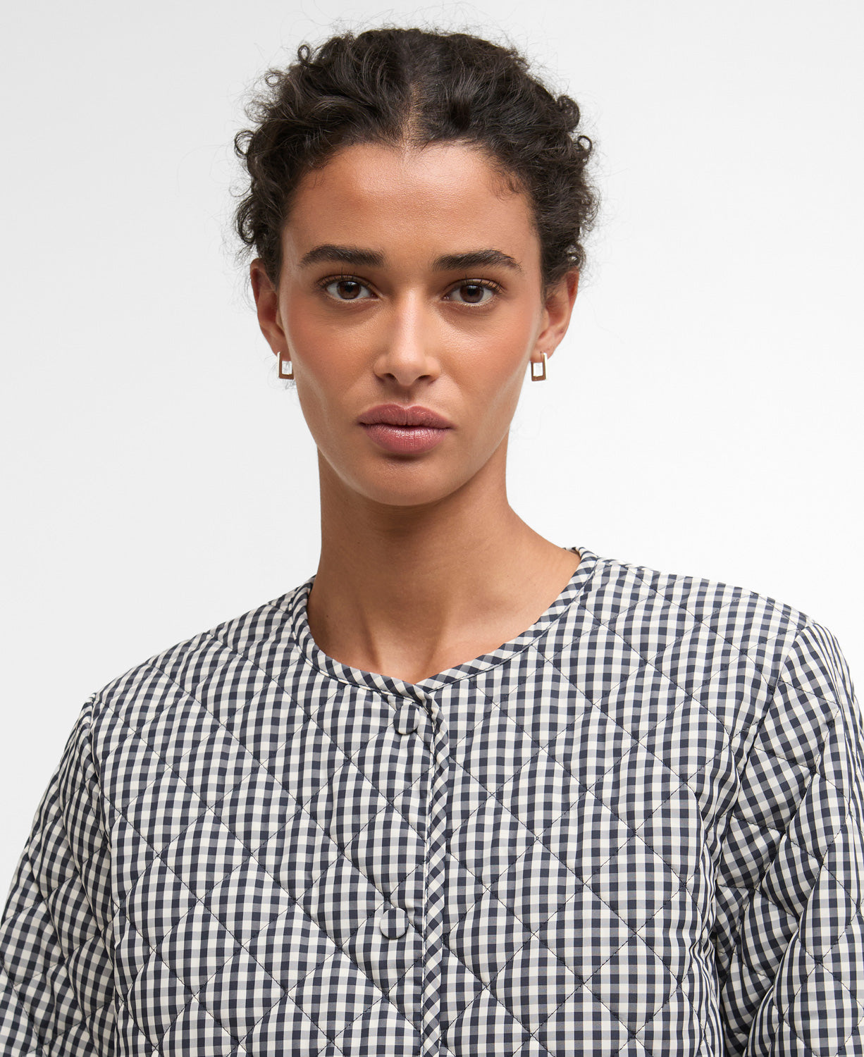 Cashel Check Collarless Quilted Jacket - Navy Gingham/Dark Navy