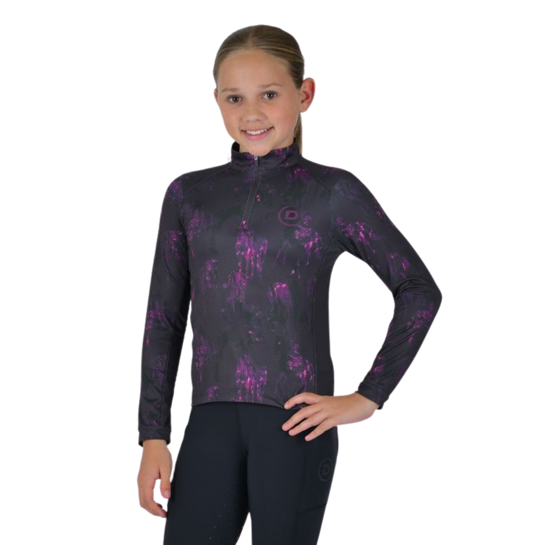 Kids Breathable Long Sleeve Riding Top - Purple Violet/Horse Terrain
