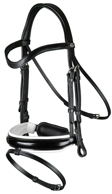Working Patent Large Crank Noseband Bridle with White Padding and Flash - Black (Cob)
